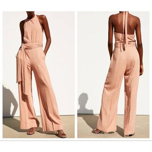 Zara Dusty Pink Halter Pockets Belted Wide Leg Backless Jumpsuit - Picture 1 of 8